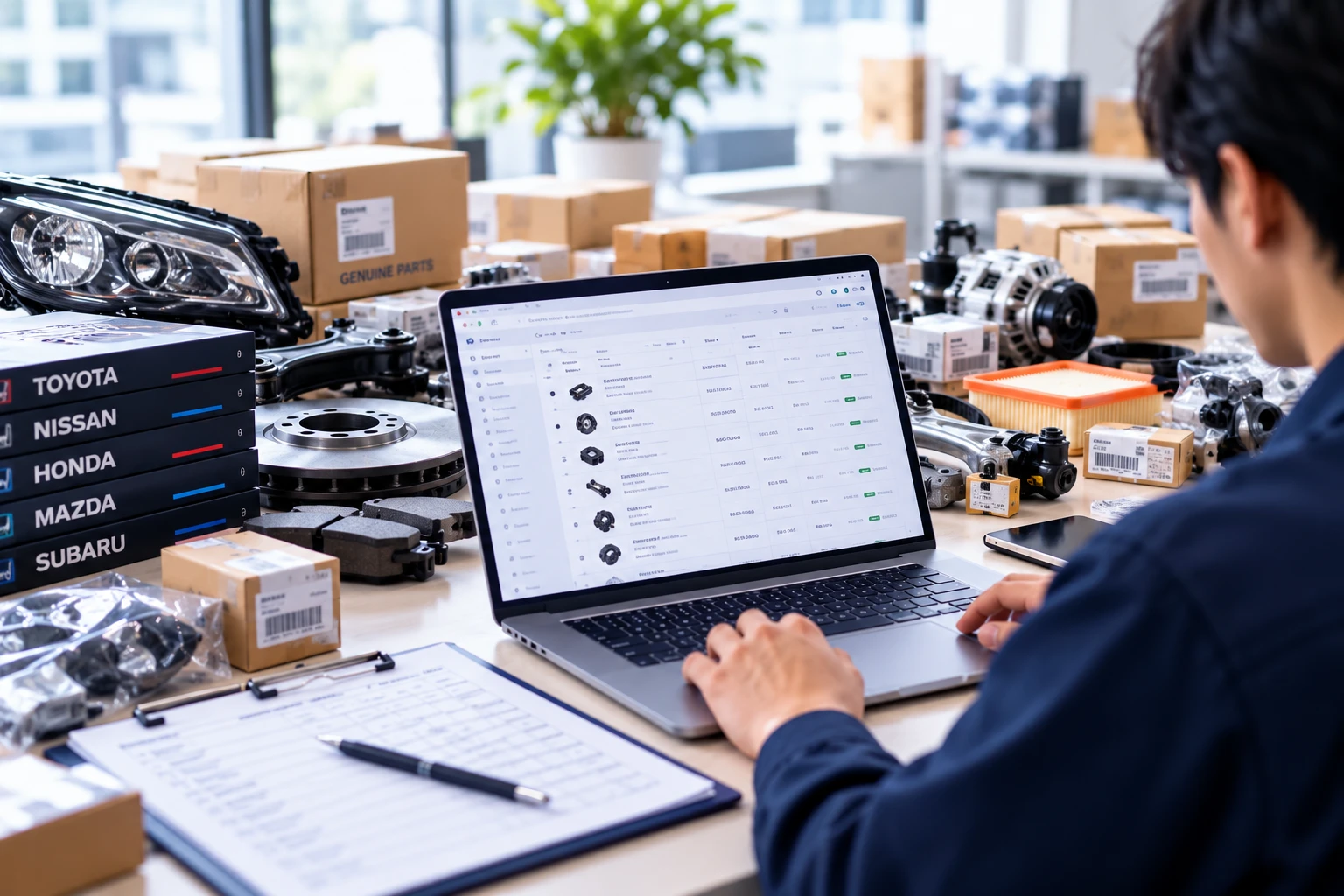 A buyer checking Japanese auto parts on a laptop, surrounded by parts from several manufacturers