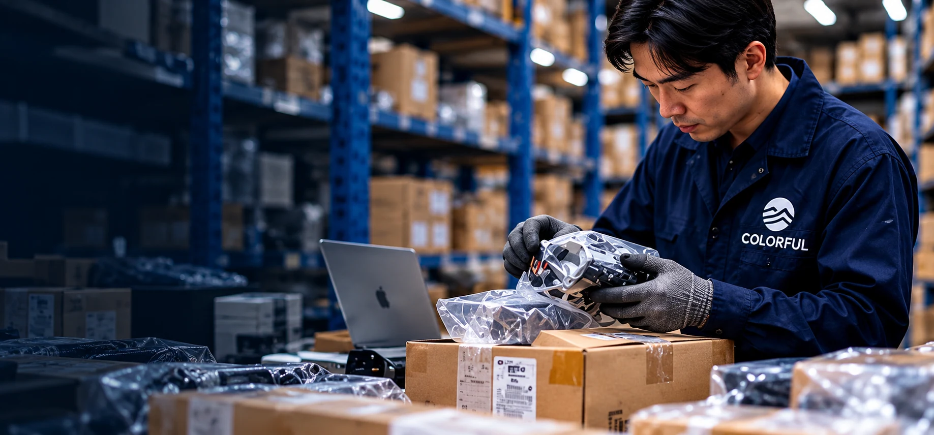 Parts being checked and packed for international shipping from Japan